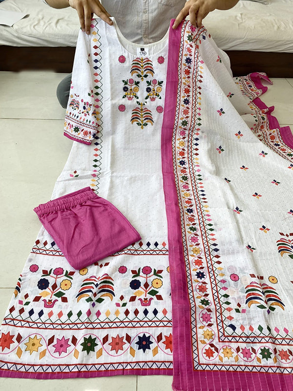 White Muslin With Sequence Kurti With Pant & Dupatta