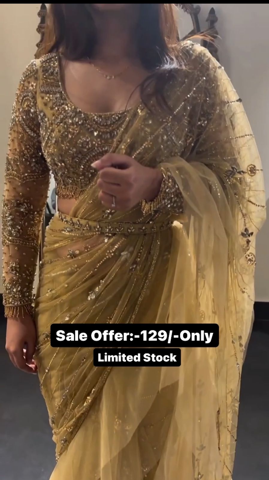 Golden Color Heavy Net Embroidered Party Wear Saree