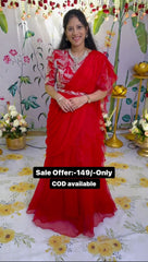 Red Color Embroidered Blouse Ruffle Saree