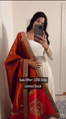White Anarkali Gown With Red Embroidered Dupatta