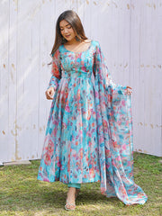 Sky Stains Organza Printed Anarkali Gown With Pant & Dupatta Set