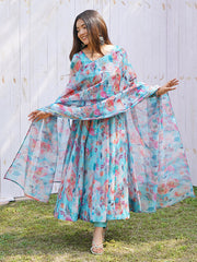 Sky Stains Organza Printed Anarkali Gown With Pant & Dupatta Set