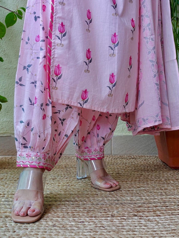 Baby Pink Cotton Afghani Kurti With Pant & Dupatta Set