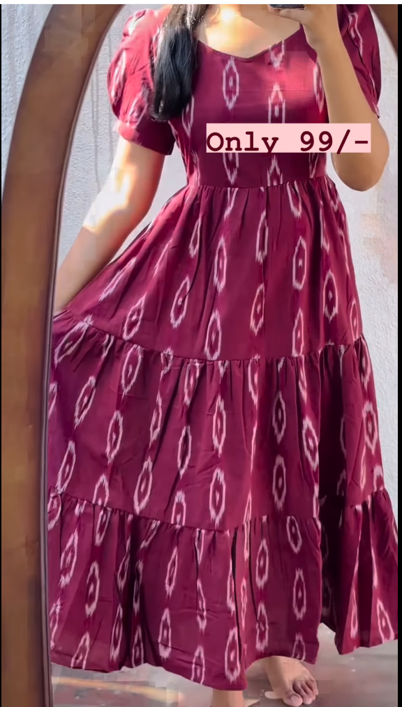 Dark Pink Cotton Printed Ruffle Dress