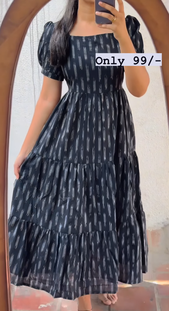 Black Cotton Printed Ruffle Dress For Regular Wear