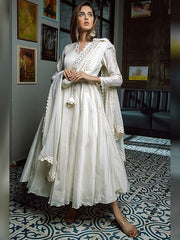 White Sequins Embroidered Chanderi Gown With Dupatta Set