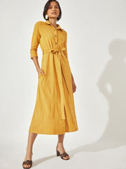Mustard Detachable Belt Midi Shirt Dress