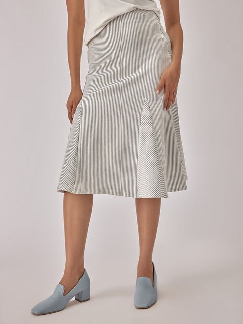 White Striped High-Rise Midi Skirt