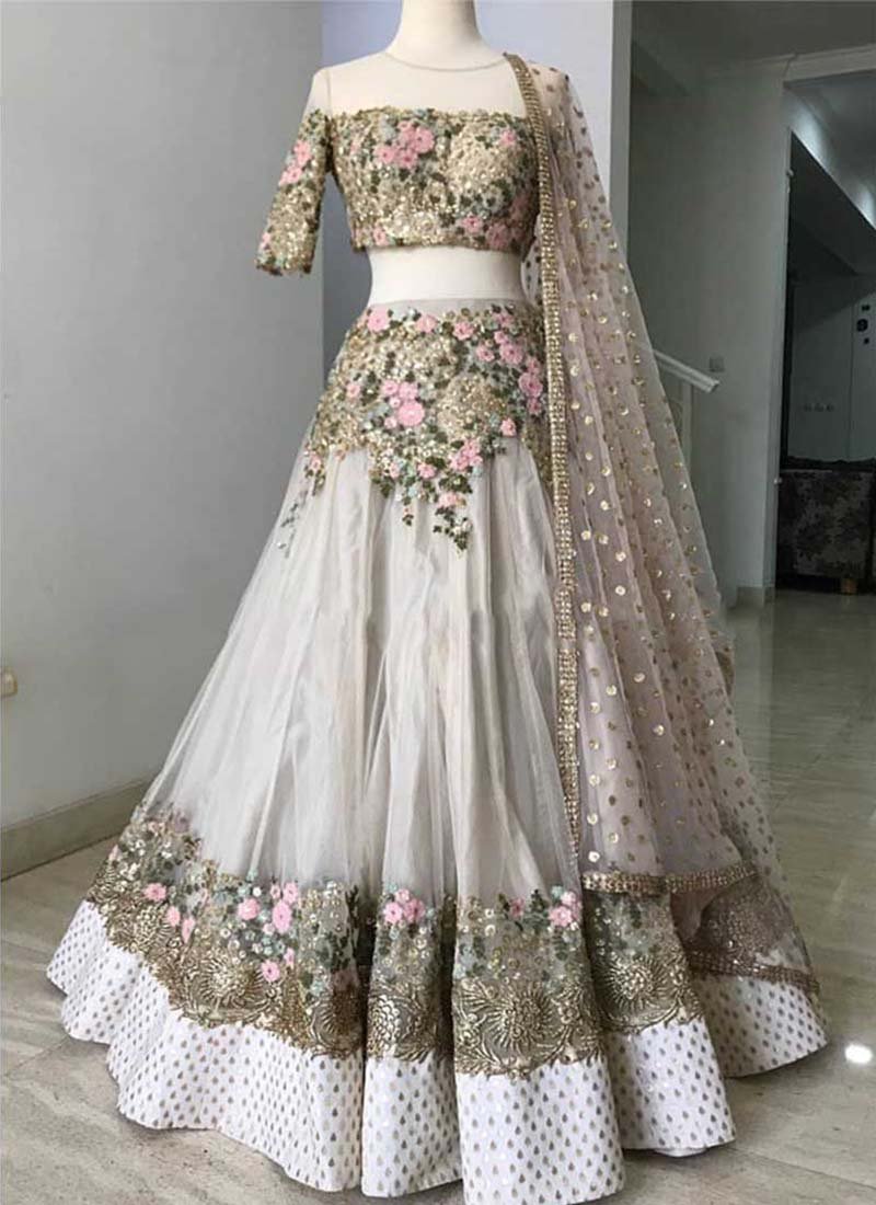 Amazing Flower Pattern Embroidery With Off White Net Lehengh Choli