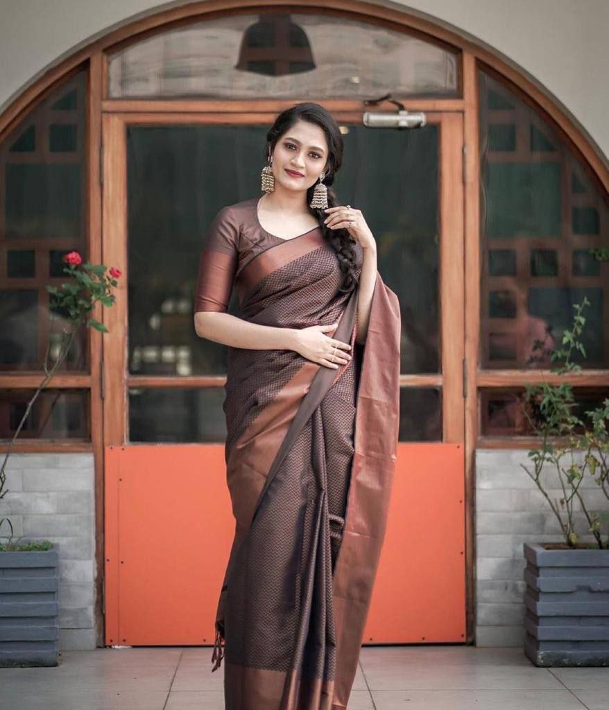 Brown Color Woman Soft Cotton Silk Saree Perfect For Party