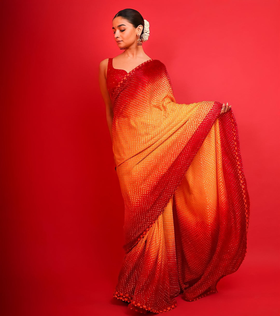 Alia Bhatt Red Color Heavy Satin Creap Silk Saree