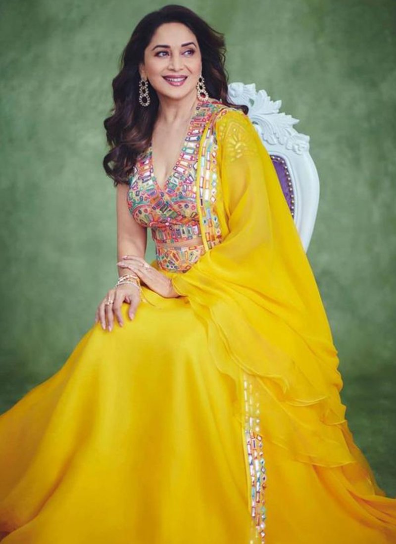 Bollywood Style Madhuri Dixit Yellow Color Multi Work Lehenga Choli