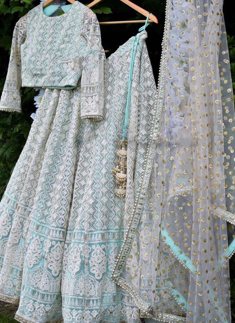 All Over Embroidered Pattern Sky Blue Color Party Wear Lehenga Choli